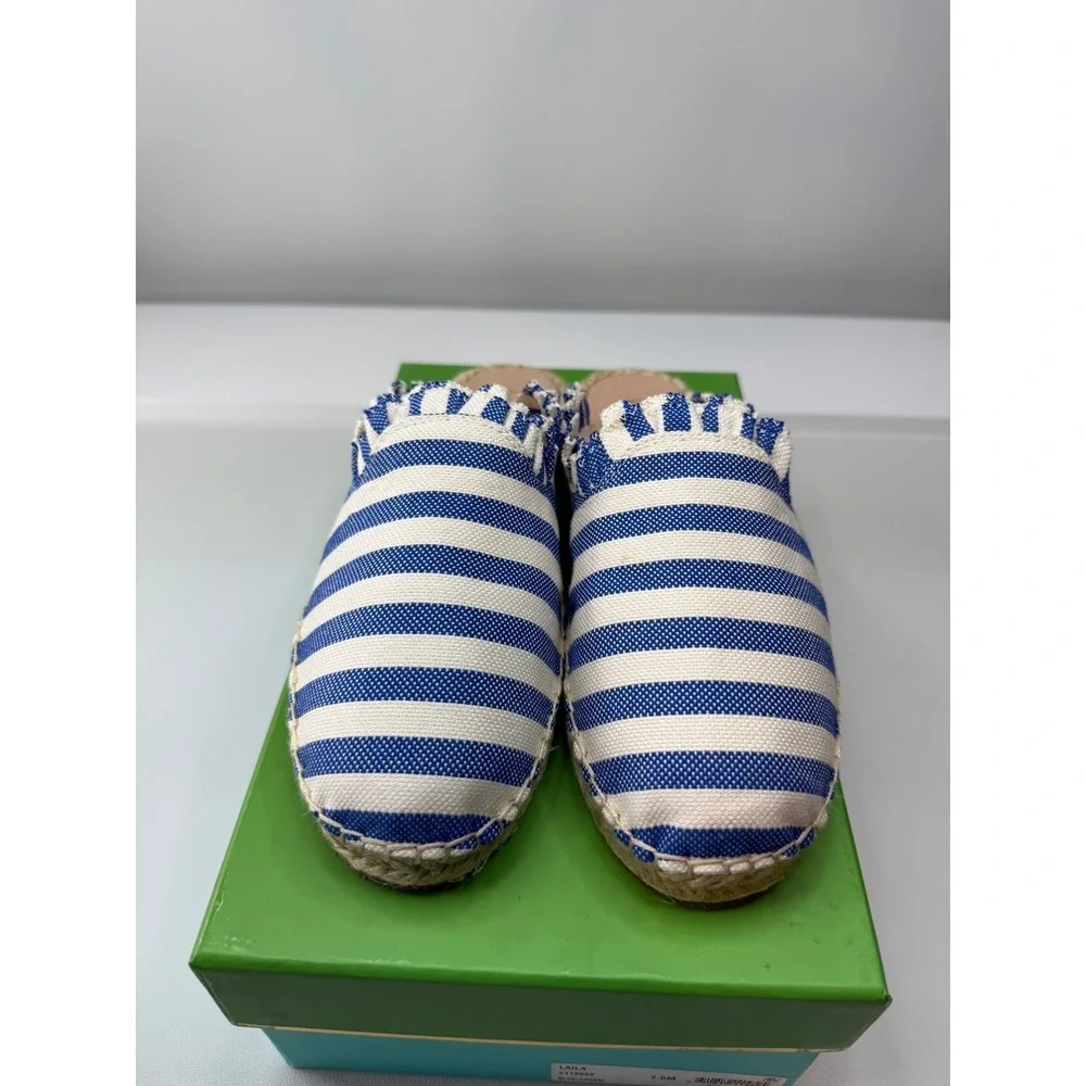 Kate Spade Laila Blue Cream Striped Ruffle Espadrille Slip On Shoes 7.5M S170655